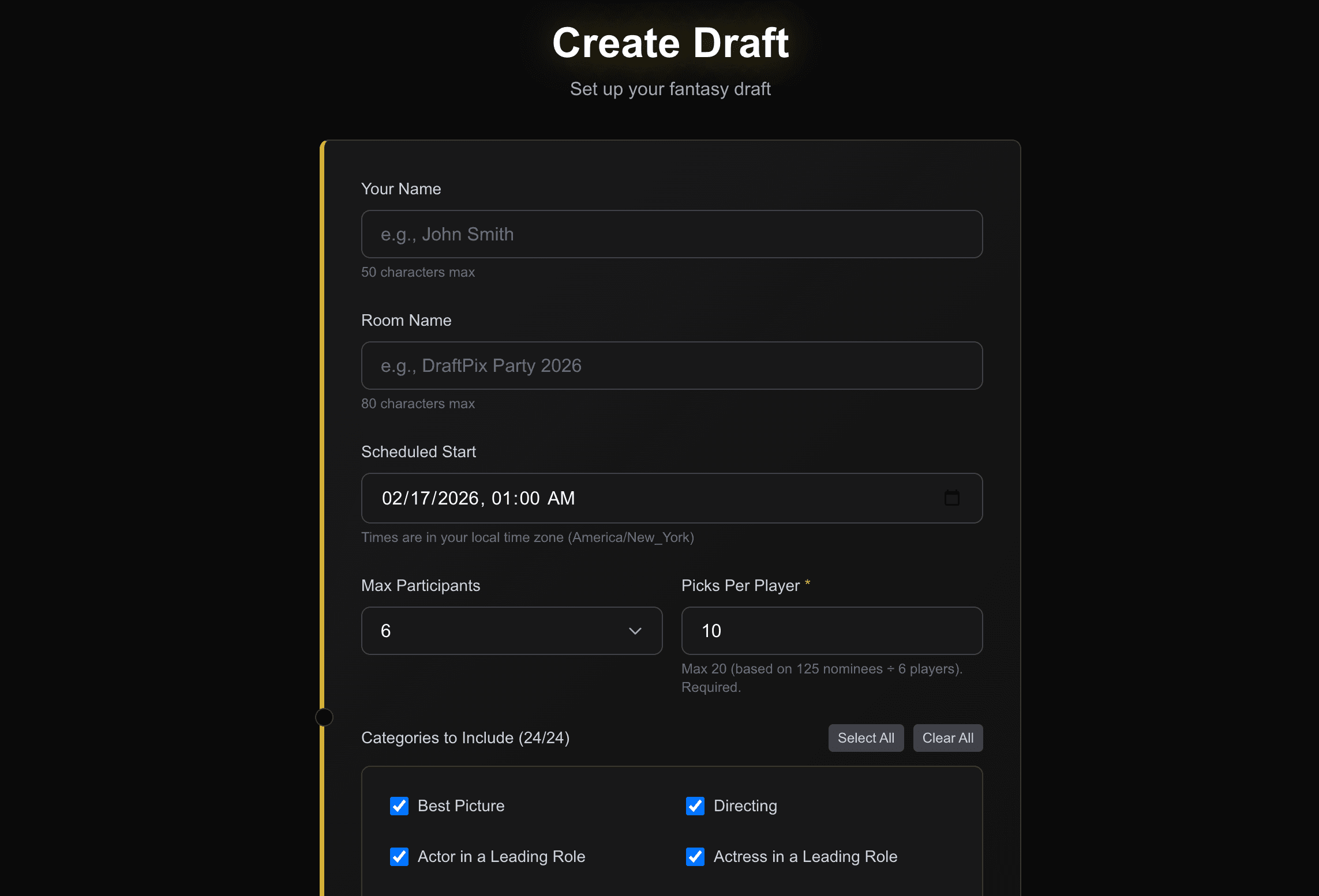 Create a draft โ set participants, categories, and picks