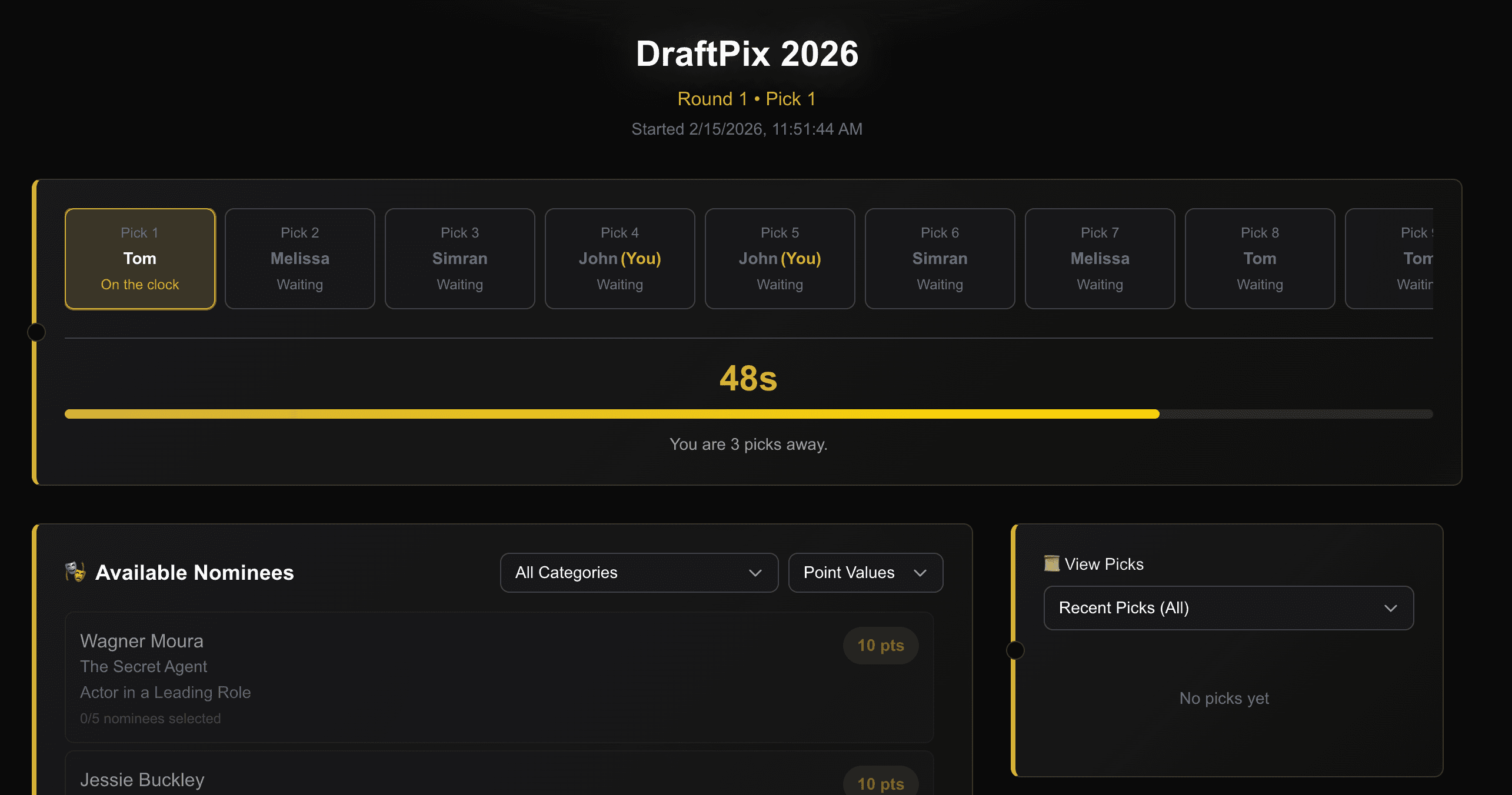 Live draft room โ take turns picking nominees