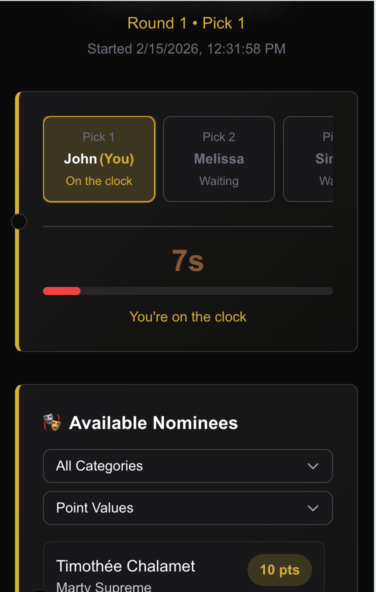 Live draft room โ take turns picking nominees