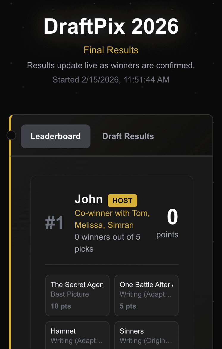 Results page โ leaderboard and picks