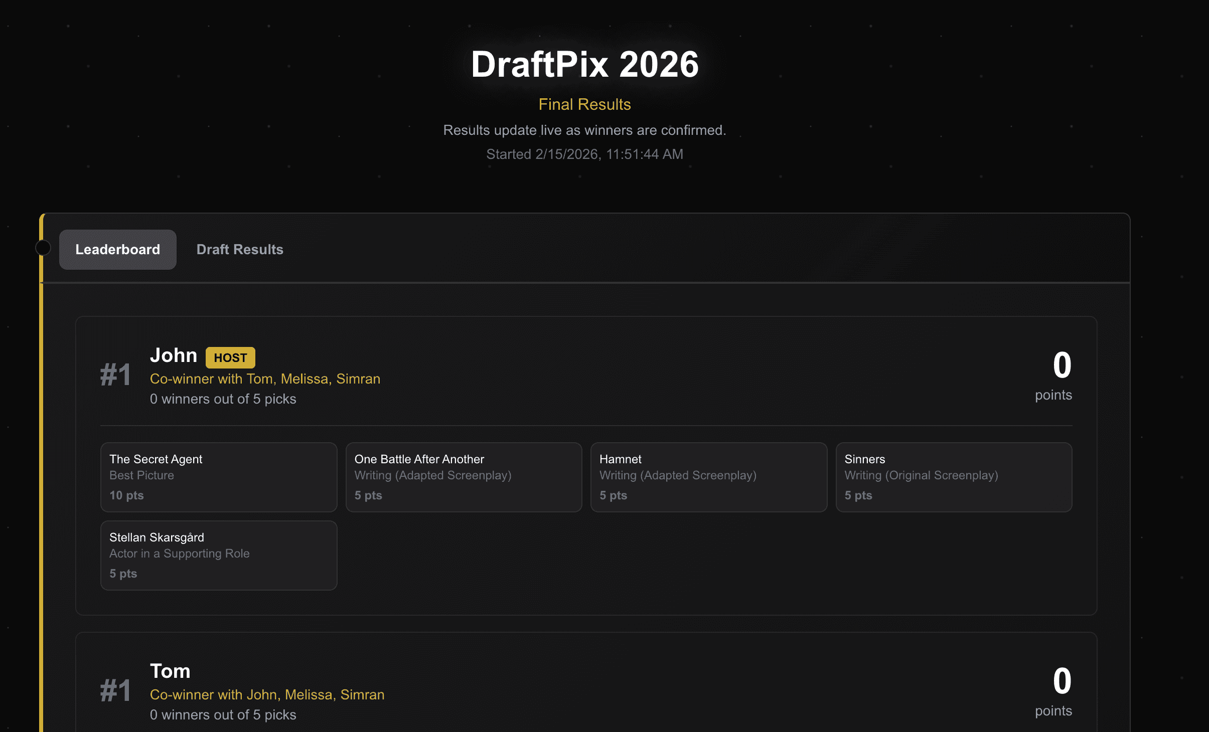 Results page โ leaderboard and picks